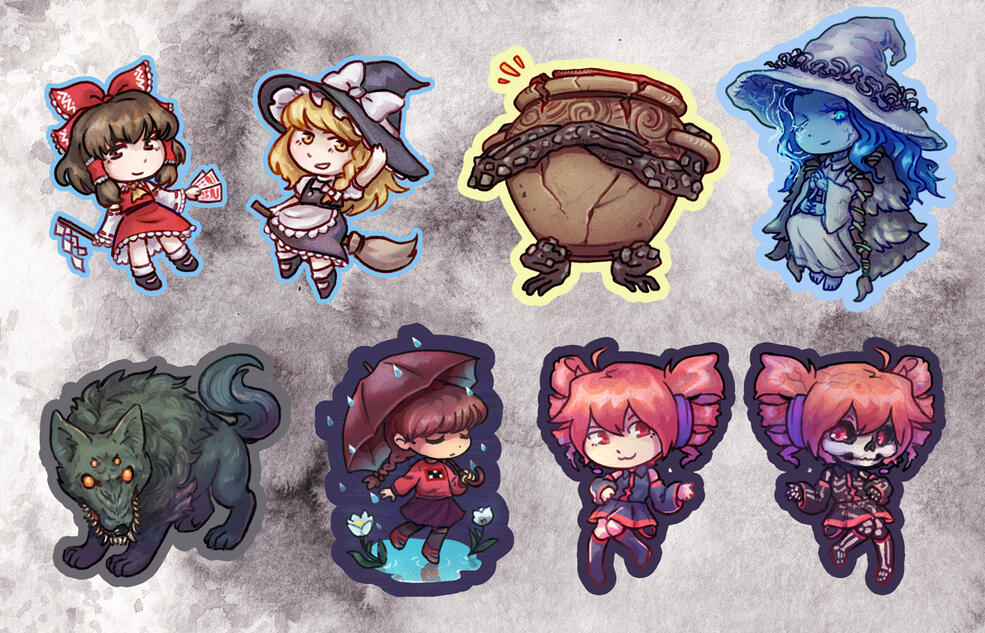 Touhou (top left), Elden Ring (top right), Fear &amp; Hunger (bottom left), Yume Nikki (bottom middle left), UTAU/Vocaloid (bottom right)