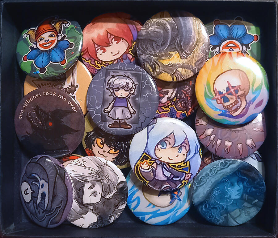 44mm buttons. Original art, Balatro, .flow, Vocaloid and others.